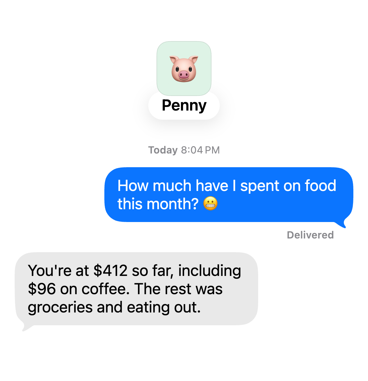 Chat with Penny. You: “How much have I spent on food this month? 😬” Penny: “You're at $412 so far, including $96 on coffee. The rest was groceries and eating out.”